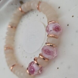 Elegant Pink Quartz Beaded Bracelet With Rose Gold Accents